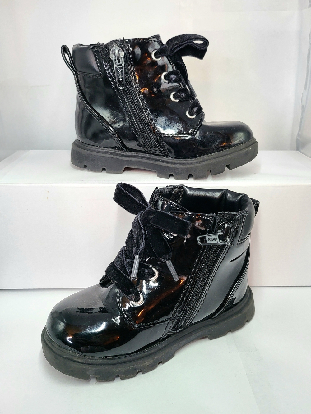 Wonder Nation Toddler Girls Black Patent Combat Boots Velvet Laces Zip- Size 6